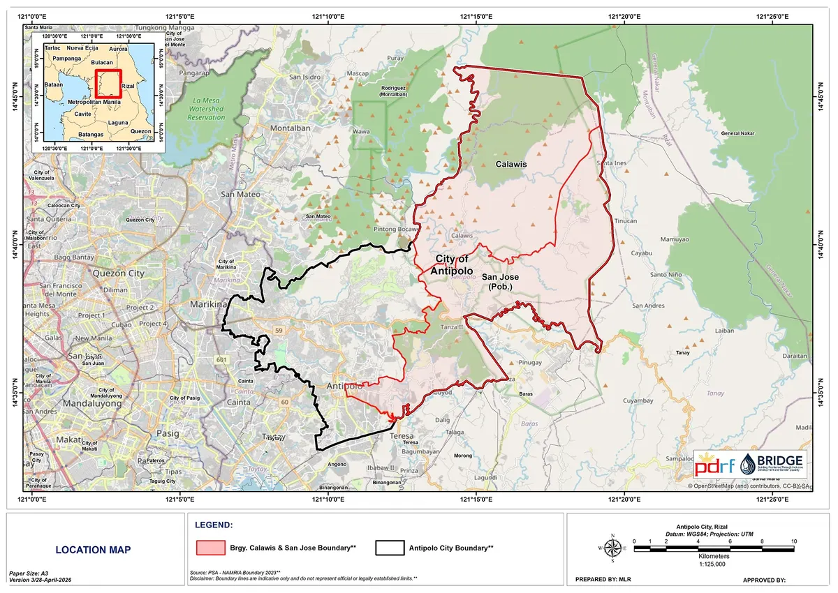 Barangay-level location map of the BRIDGE project sites in Antipolo City.
