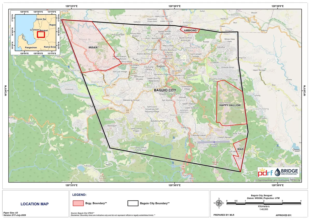 Barangay-level location map of the BRIDGE project sites in Baguio City.